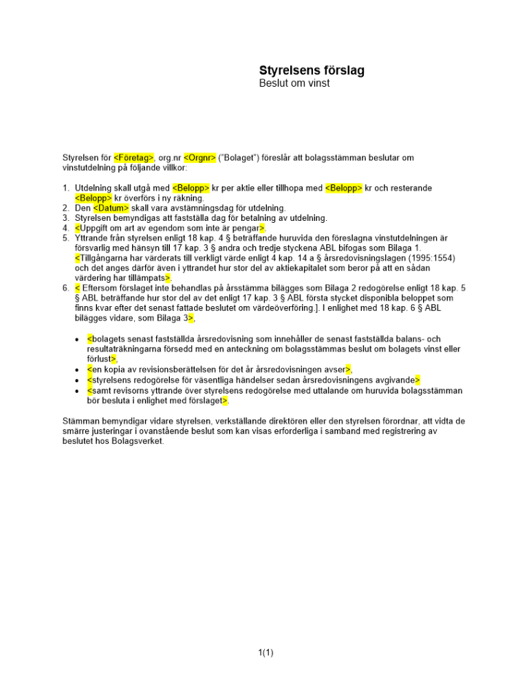 Styrelsens förslag till beslut om vinst (Avstämningsbolag)