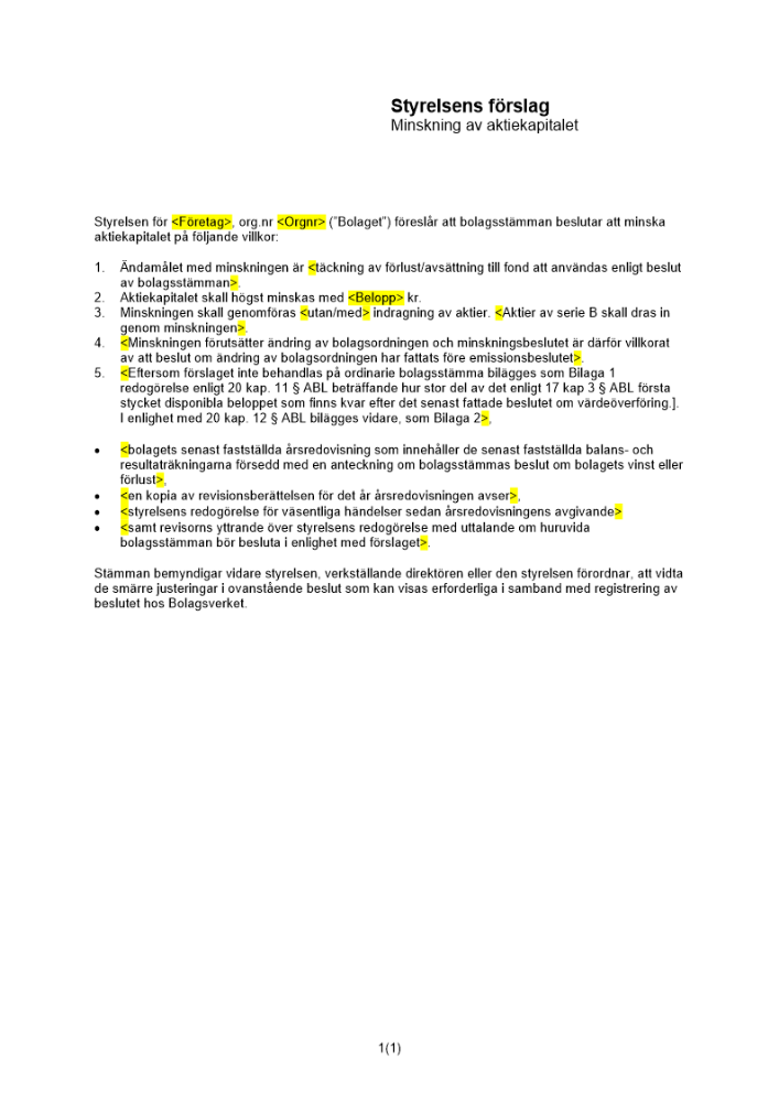 Styrelsens förslag till minskning av aktiekapital (Ej återbetalning till aktieägare)