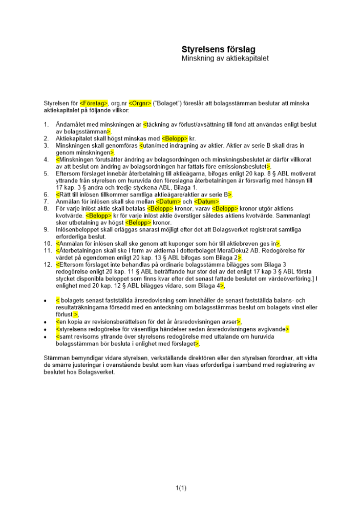 Styrelsens förslag till minskning av aktiekapital (Återbetalning till aktieägare)
