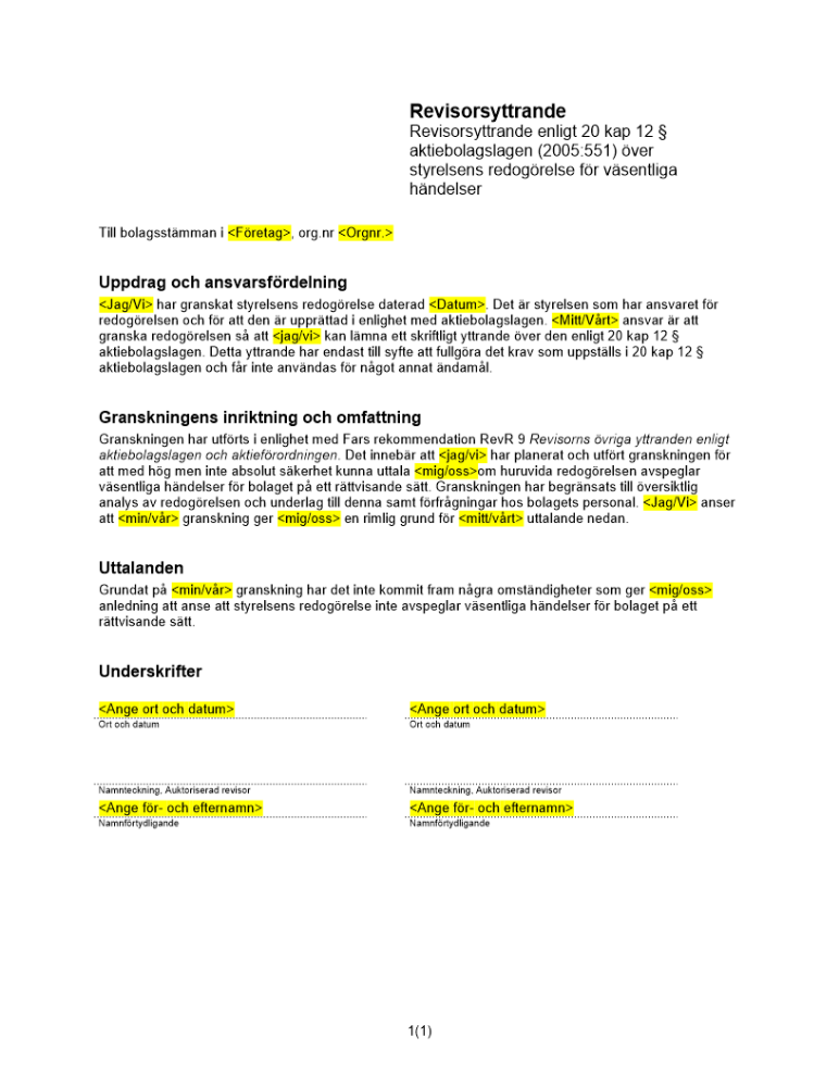 Revisorsyttrande enl 20 kap 12 § ABL (Minskning)