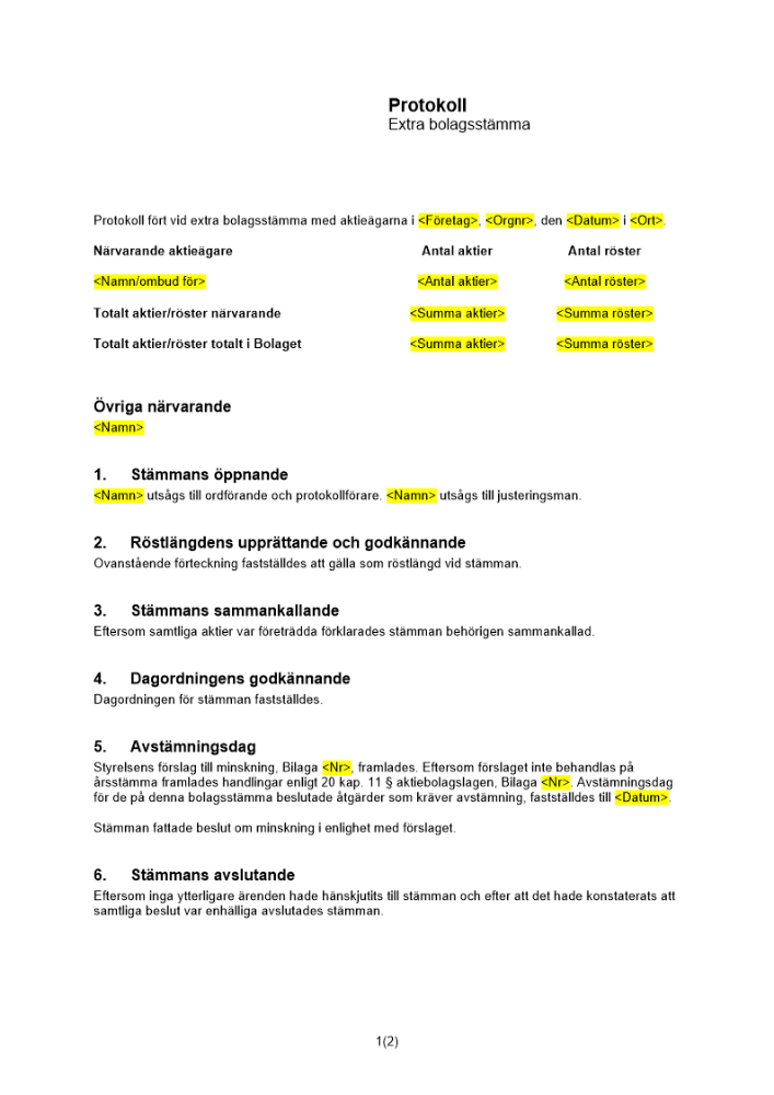 Protokoll från extra bolagsstämma - Minskning Avstämningsbolag