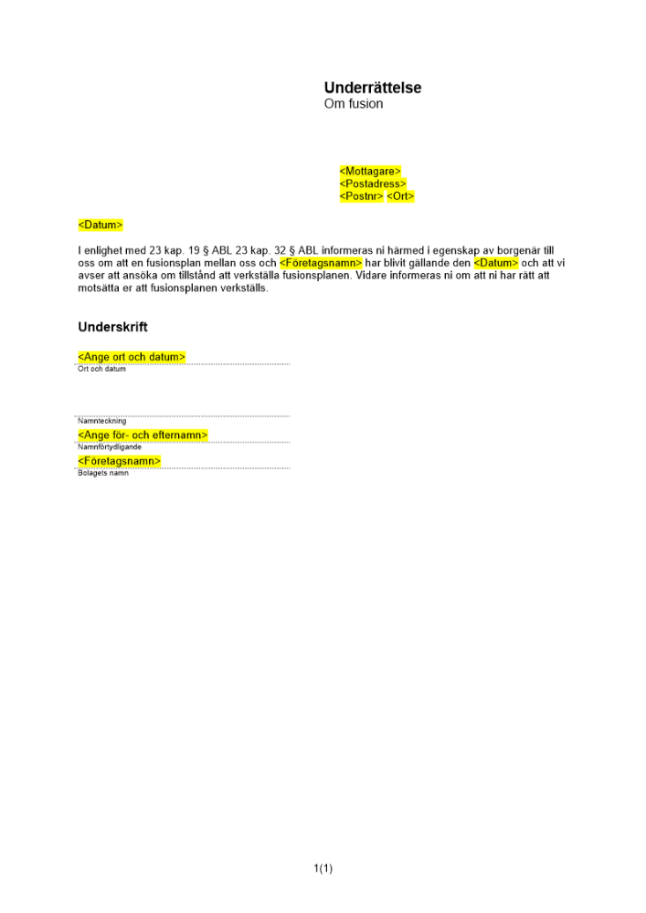 Underrättelse till kända borgenärer (helägt db)