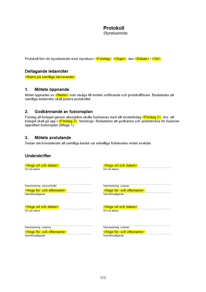 Styrelsemöte (Överlåtande bolag)