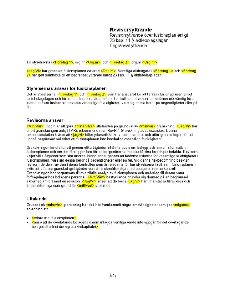 Revisorsyttrande enl 23 kap 11 § ABL - kombination (Begränsat yttrande)