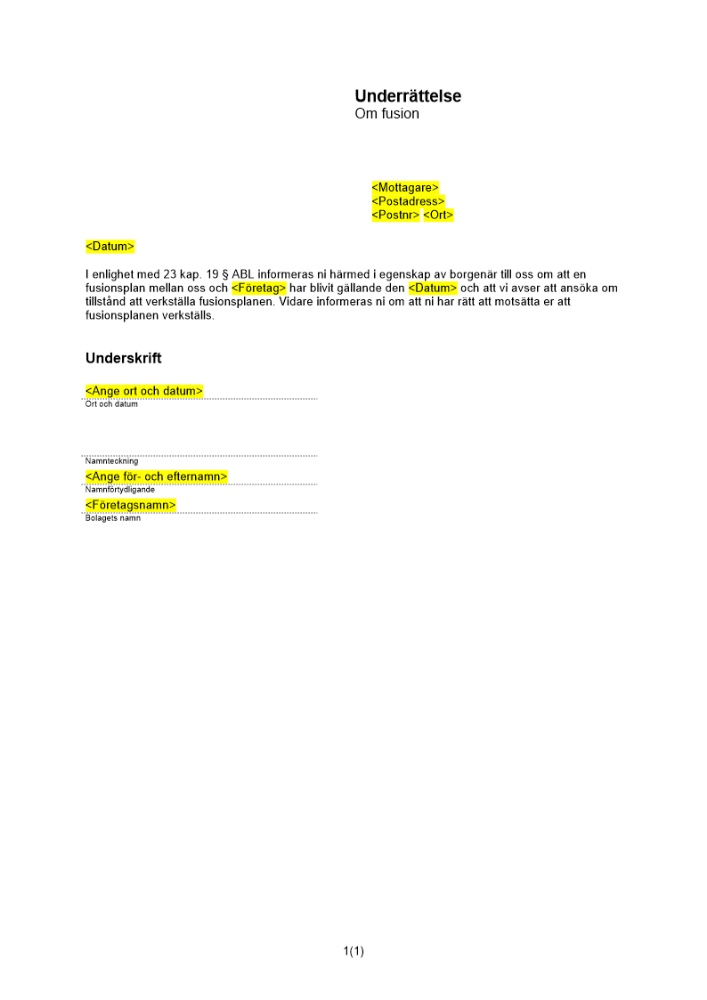 Underrättelse till borgenärer (ej helägt DB)