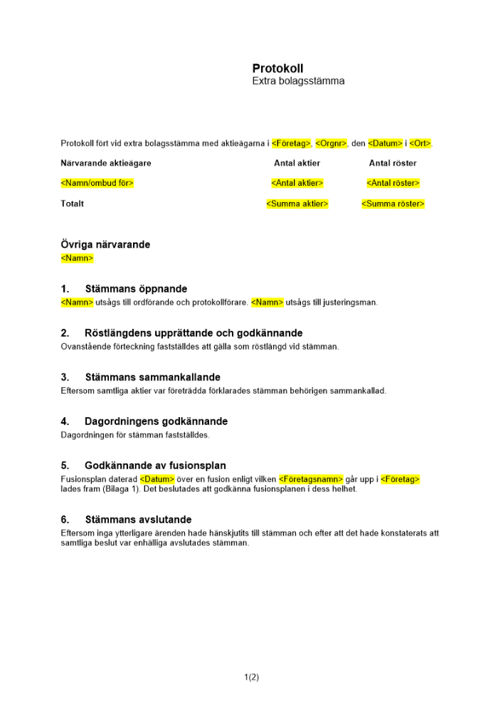 Protokoll från extra bolagsstämma - absorption helägt DB