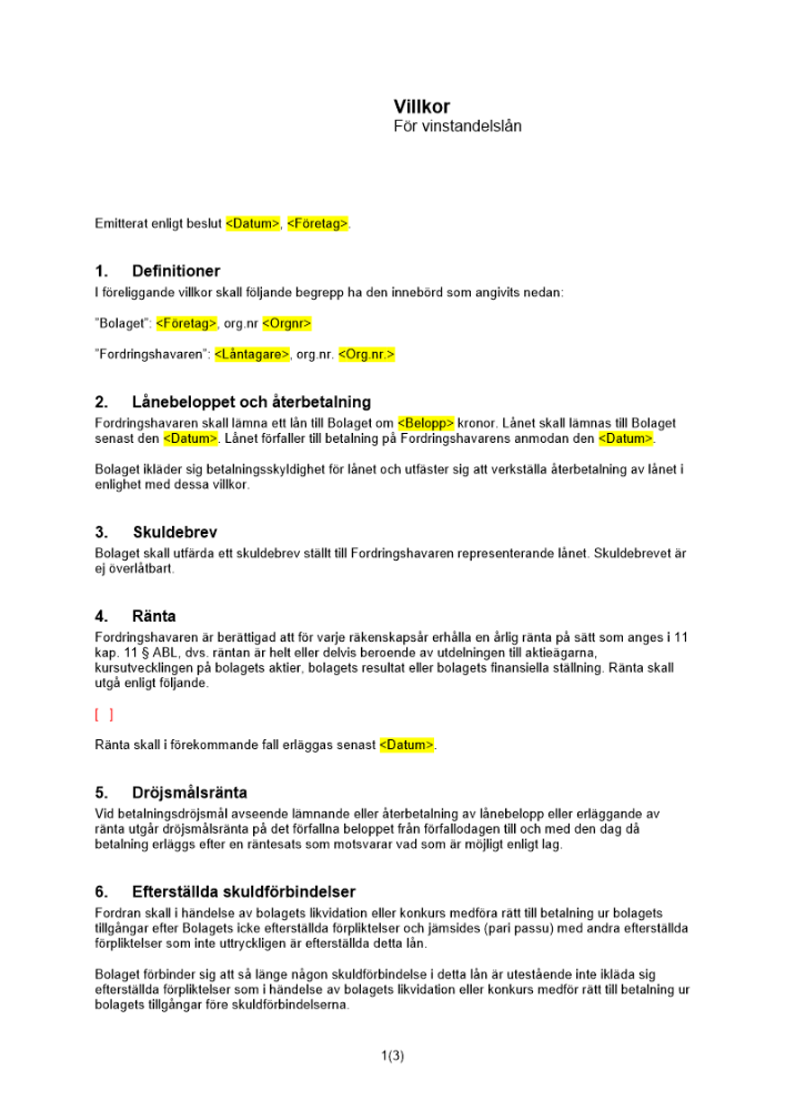 Villkor för vinstandelslån