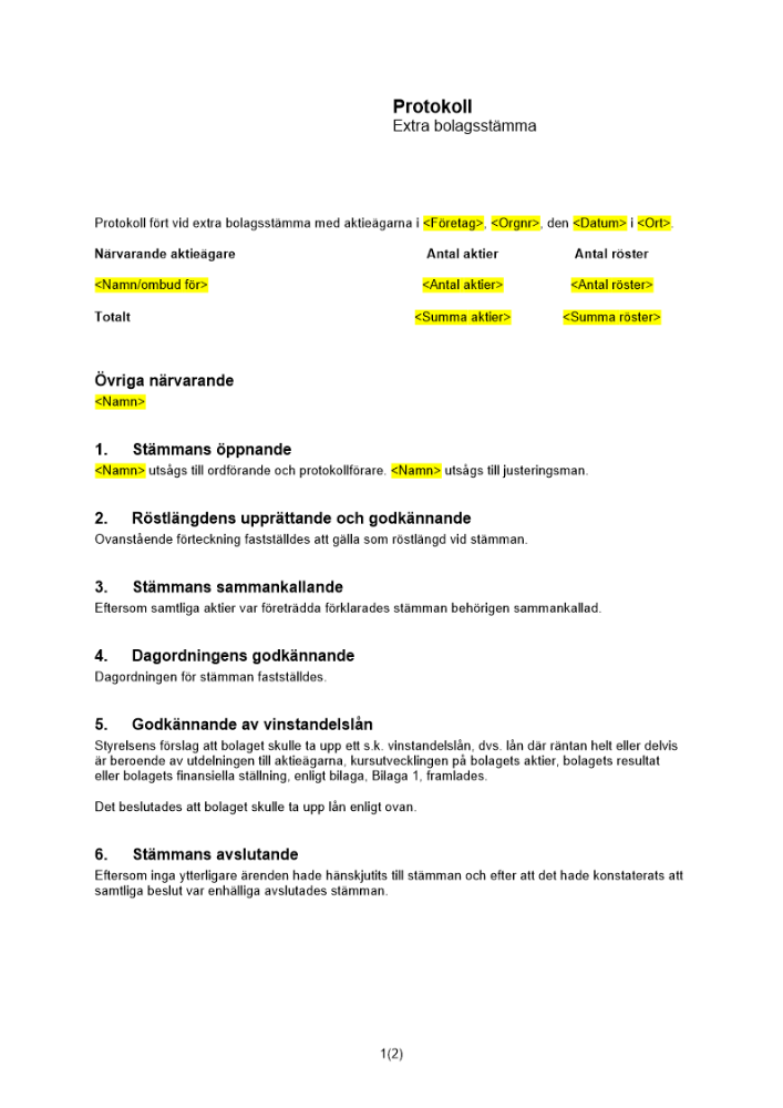 Protokoll från extra bolagsstämma - vinstandelslån
