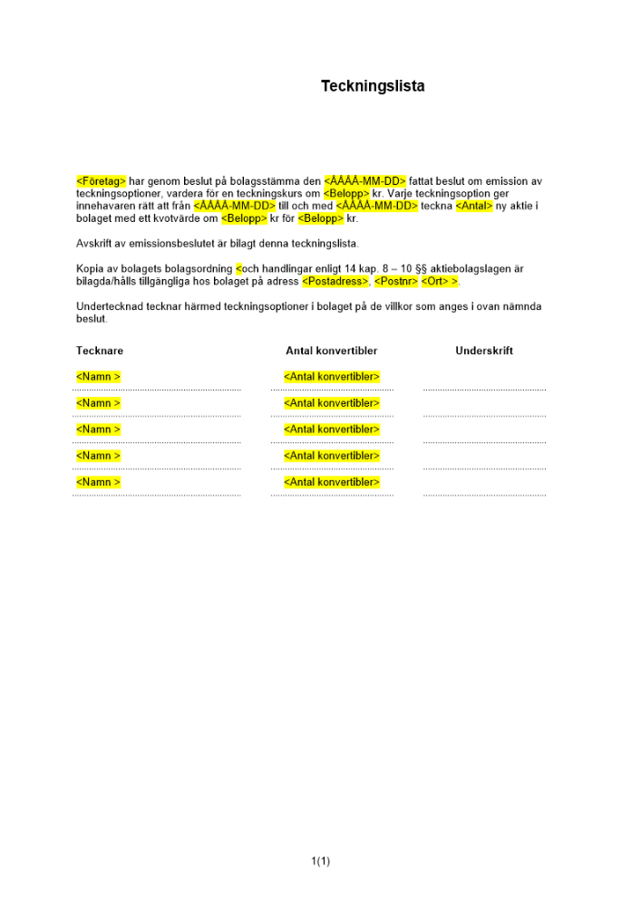 Teckningslista - Teckningsoptioner (5 tecknare)