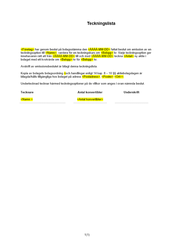 Teckningslista - Teckningsoptioner (1 tecknare)