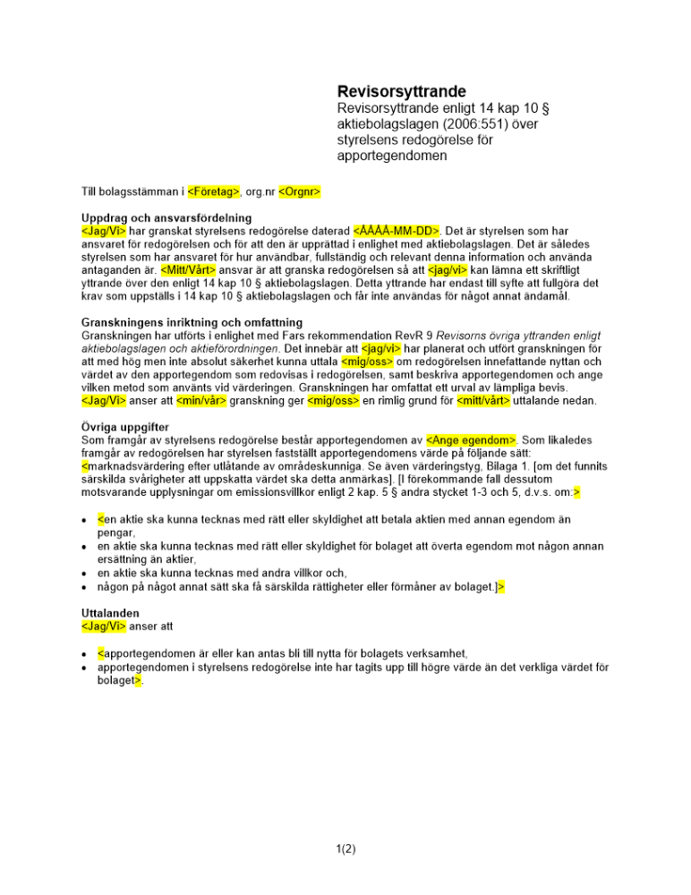 Revisorsyttrande enl 14 kap 10 § ABL (Apportemission)