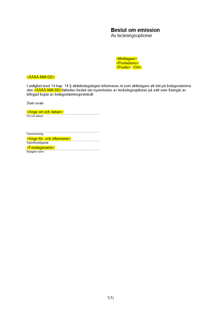 Brev till aktieägare enl 14 kap 14 § ABL