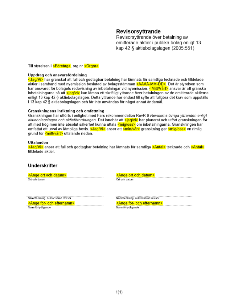 Revisorsyttrande enl 13 kap 42 § ABL (Emission i pengar)