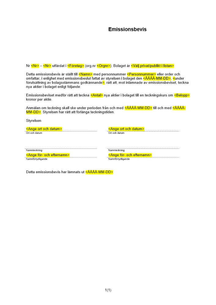 Emissionsbevis (Teckningsrättsbevis)
