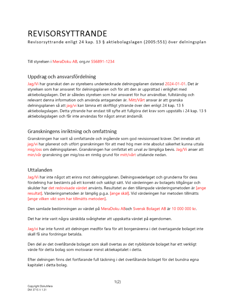Revisorsyttrande enl 24 kap 13 § ABL