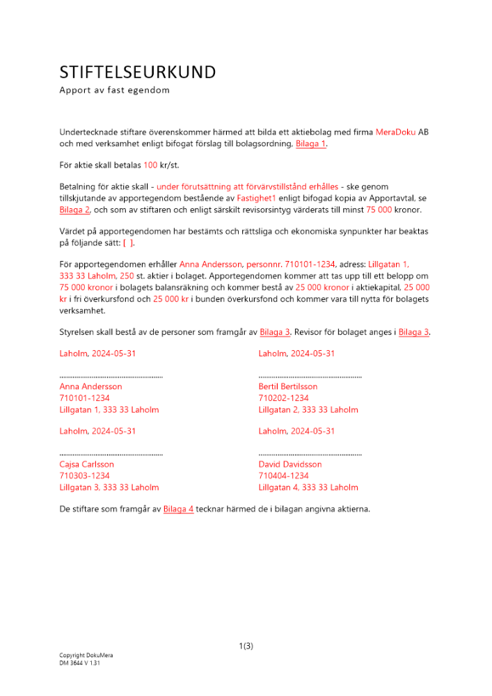 Stiftelseurkund - Apport av fast egendom