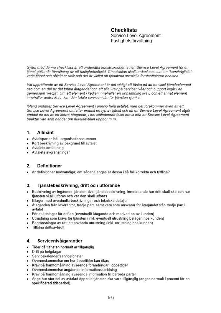Checklista Service Level Agreement Fastighetsförvaltning