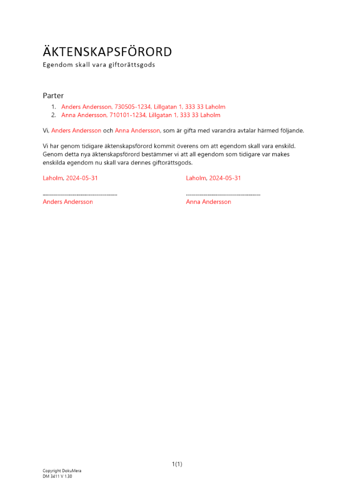 Äktenskapsförord under äktenskap - Ändring av egendom från enskild till giftorättsgods