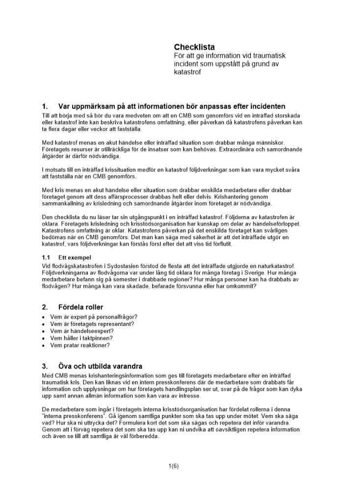 Checklista information katastrof traumatisk incident