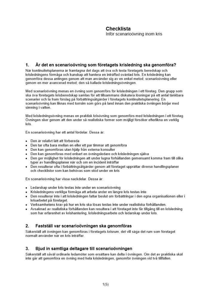 Checklista scenarioövning kris