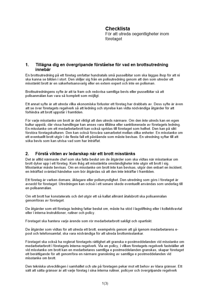 Checklista utreda oegentligheter