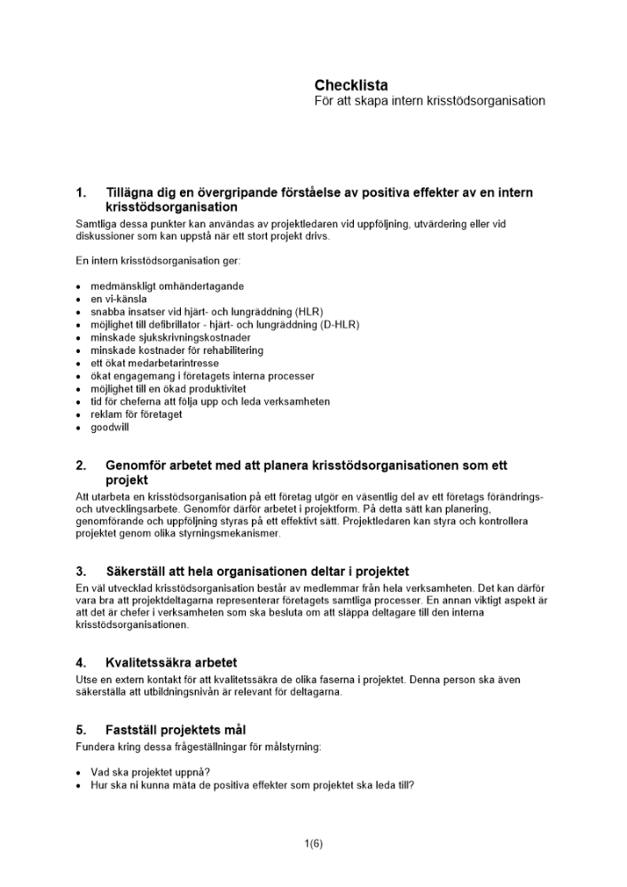 Checklista skapa intern krisstödsorganisation