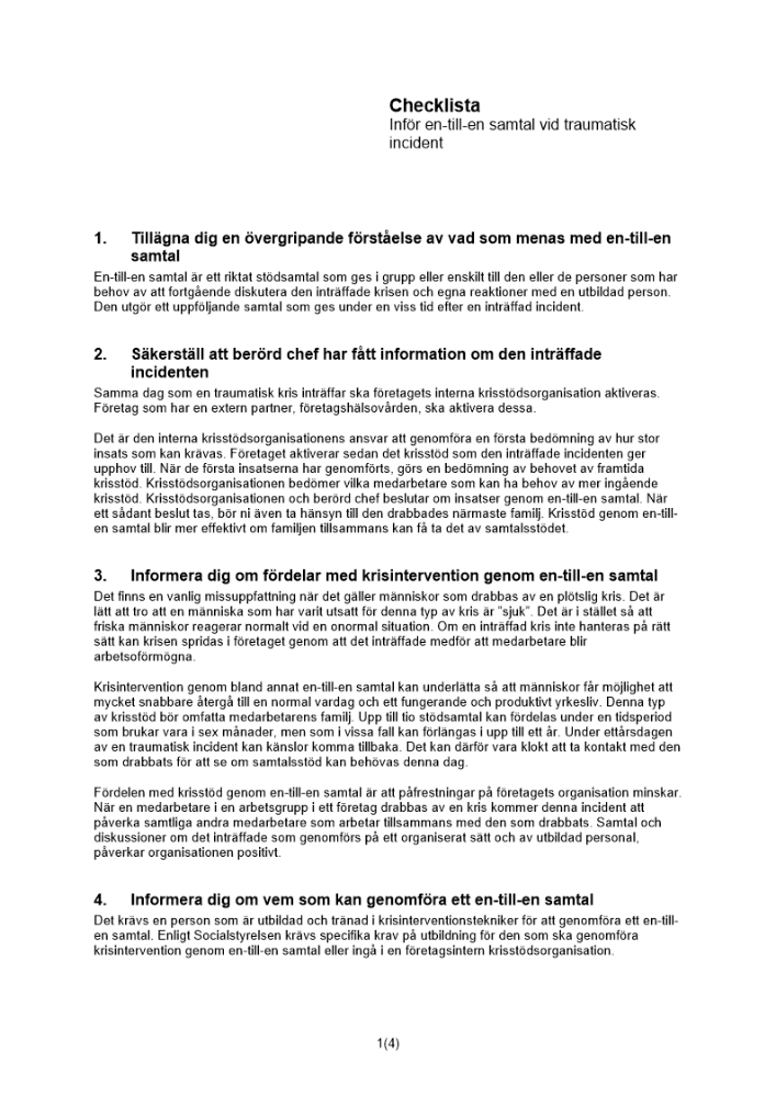 Checklista en-till-en samtal traumatisk incident