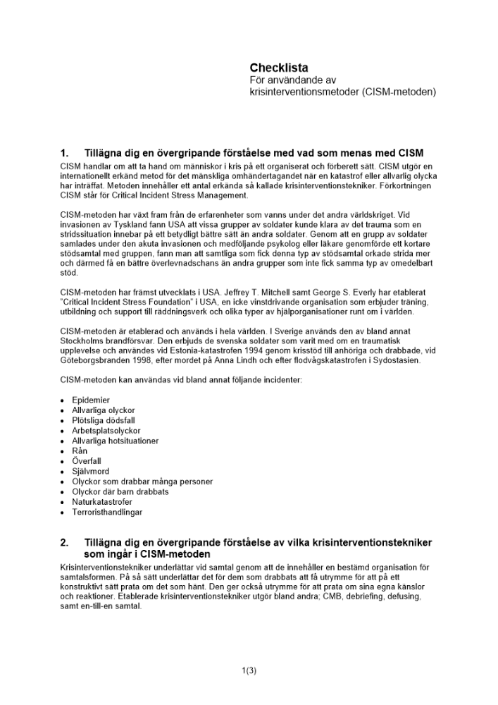 Checklista krisinterventionsmetoder