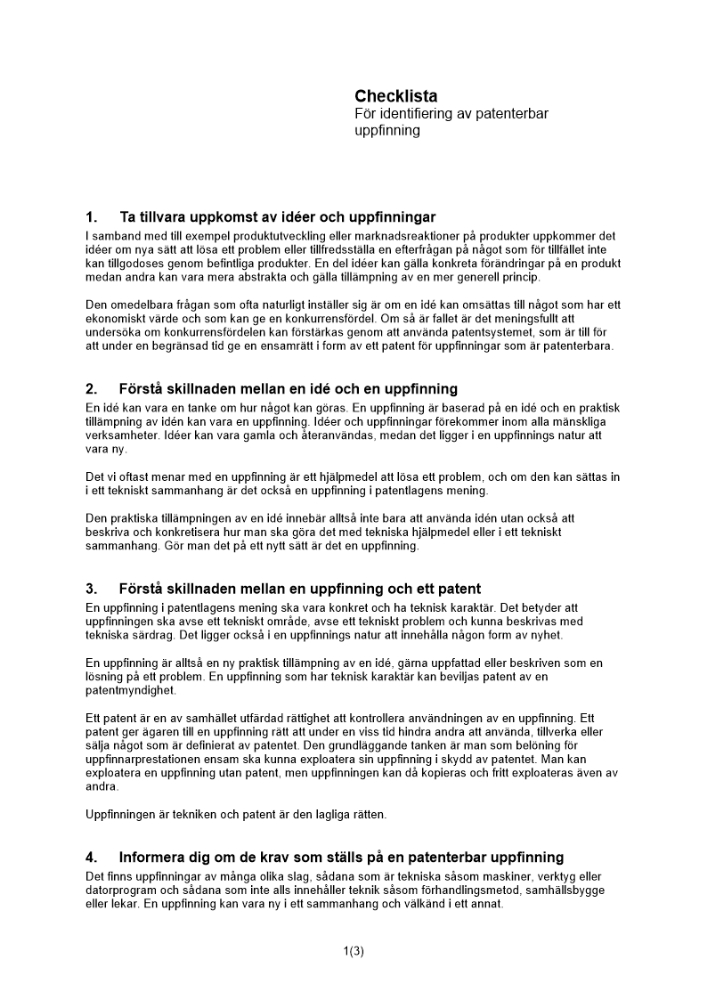 Checklista identifiering patenterbar uppfinning
