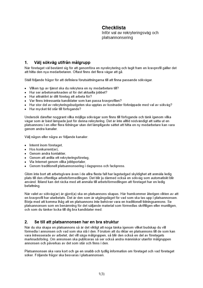 Checklista rekryteringsväg platsannonsering