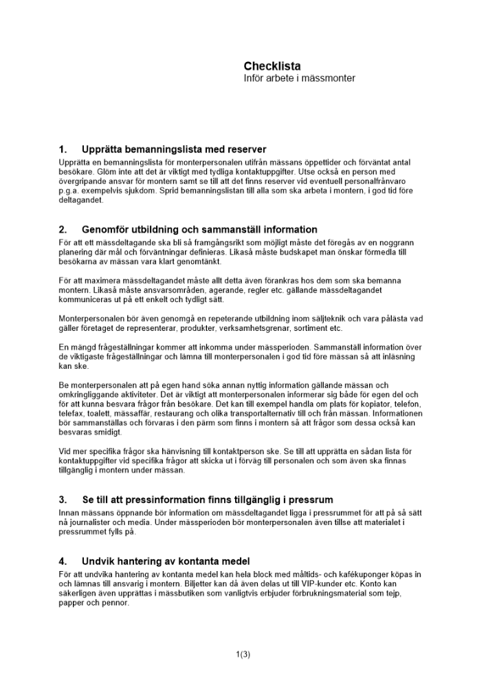 Checklista mässmonterarbete