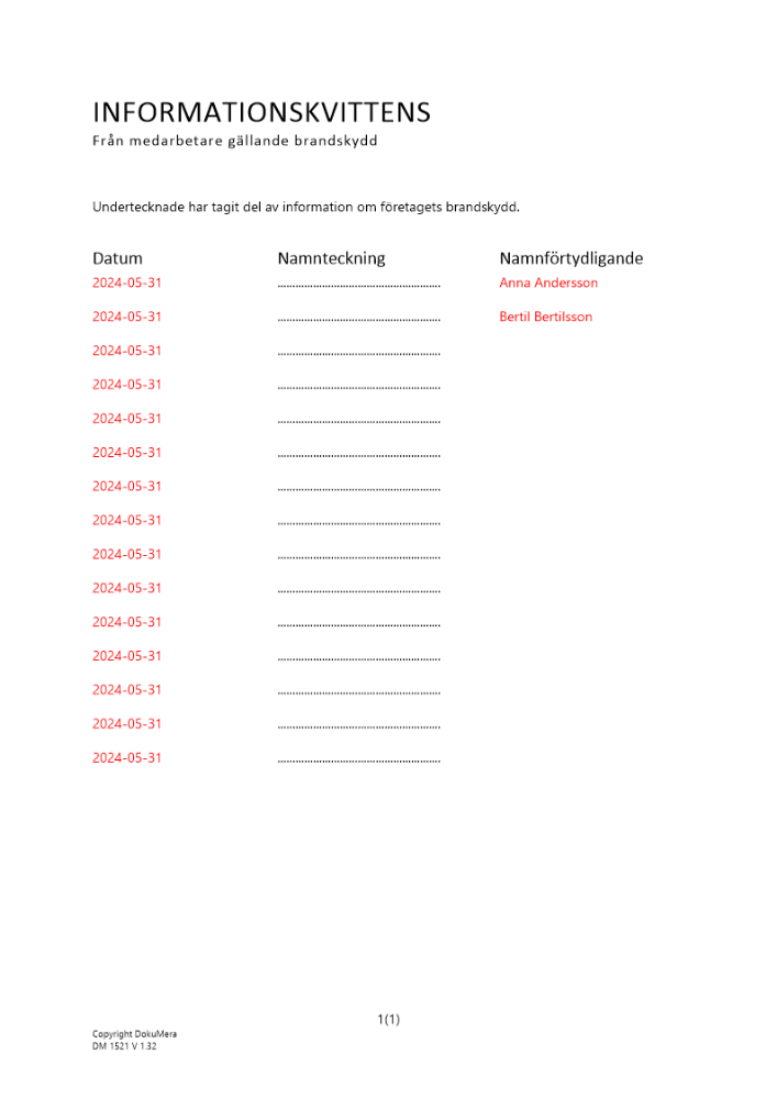 Informationskvittens brandskyddsdokumentation