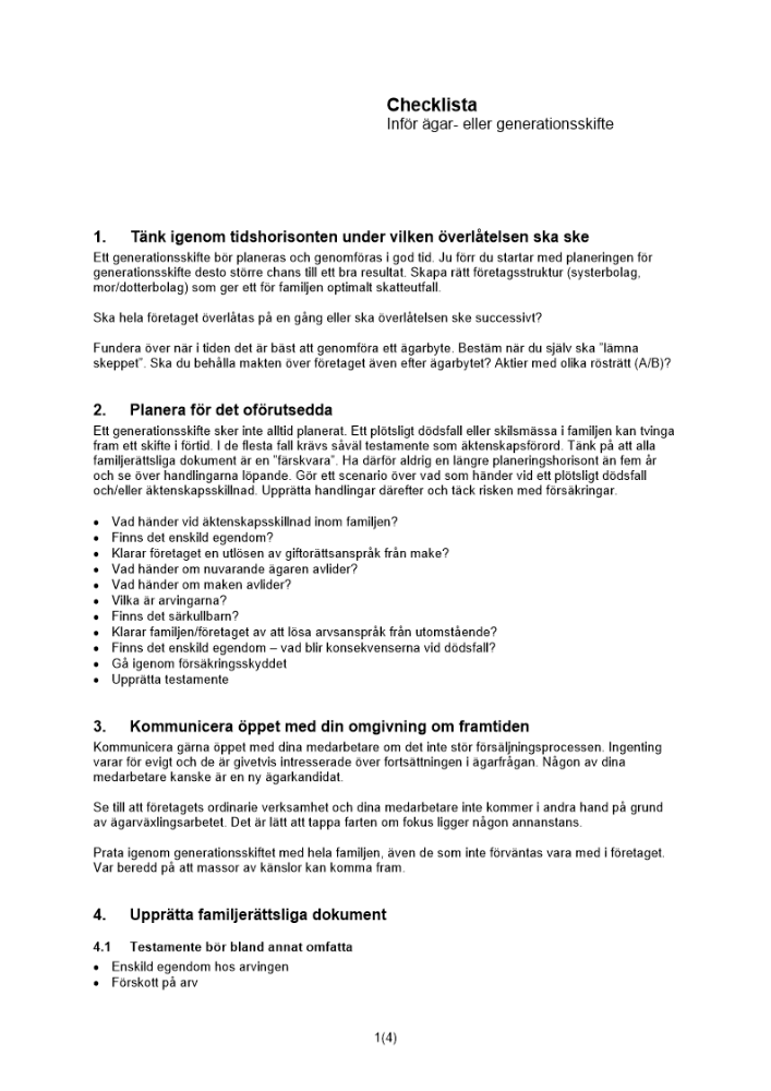 Checklista generationsskifte och ägarskifte