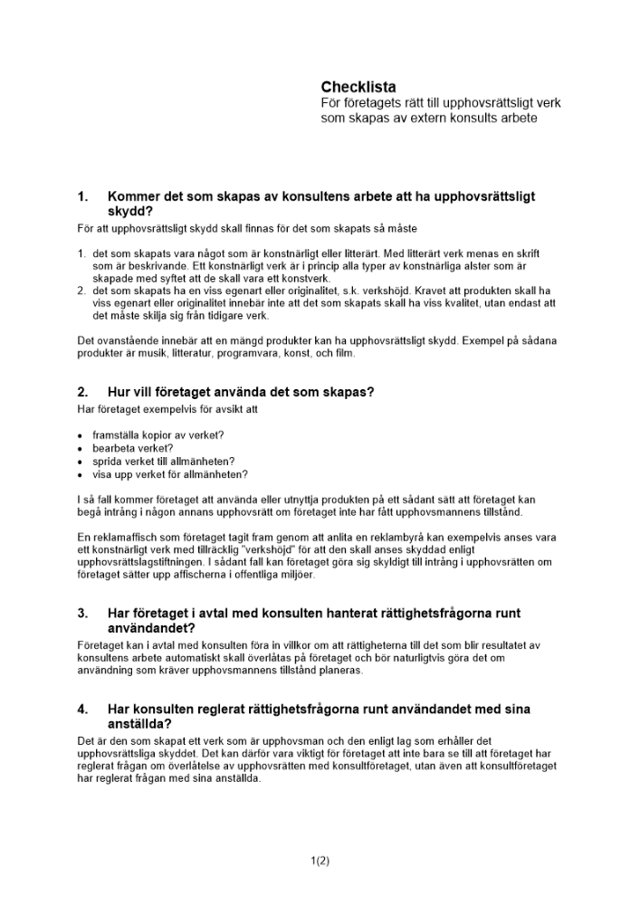 Checklista upphovsrätt extern konsults arbete