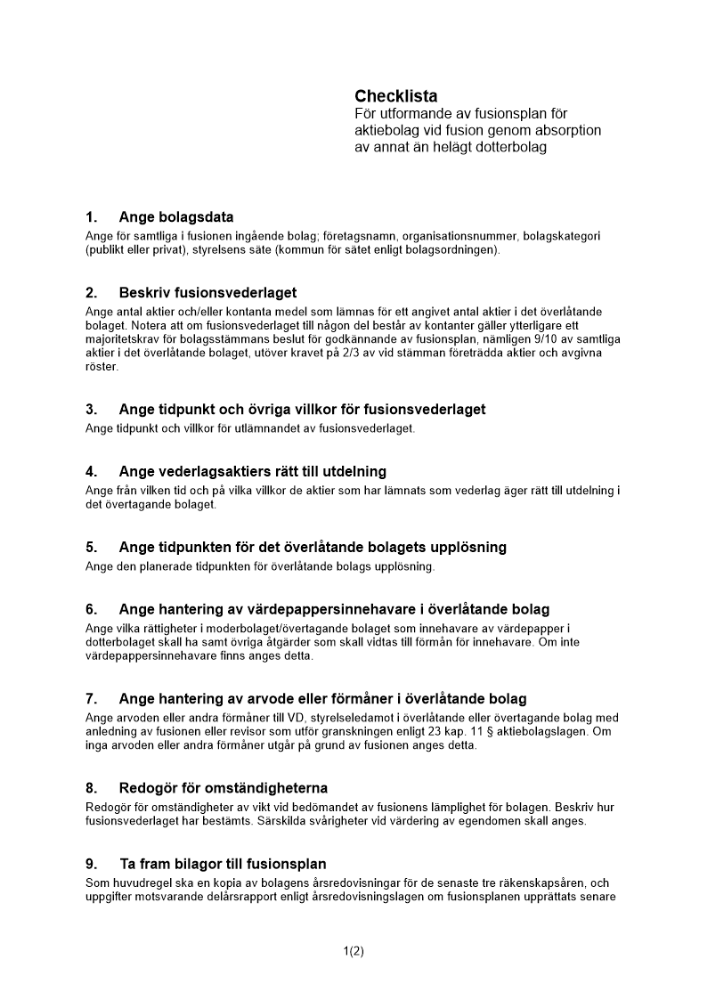 Checklista fusionsplan ej helägt DB