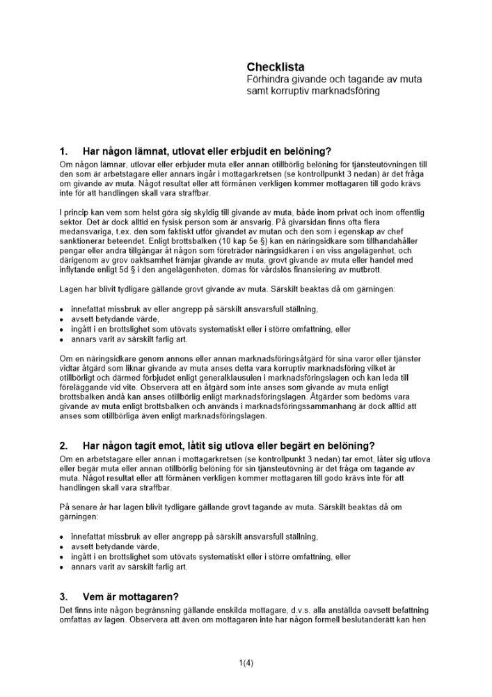 Checklista förhindra givande och tagande av muta