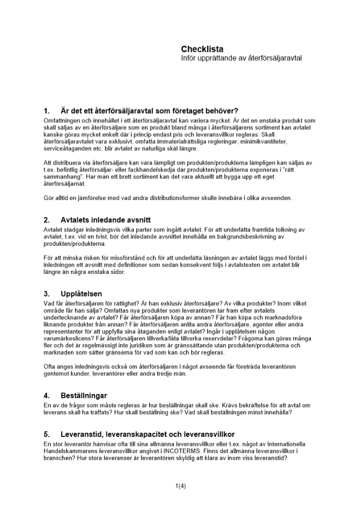 Checklista återförsäljaravtal