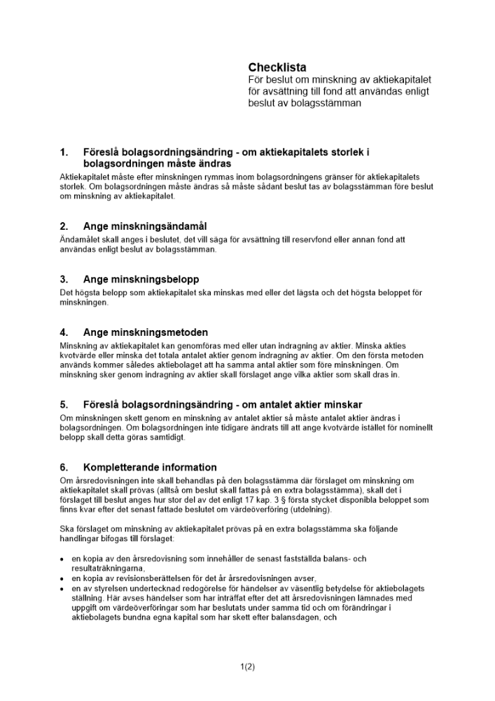 Checklista beslut minskning aktiekap avsättning