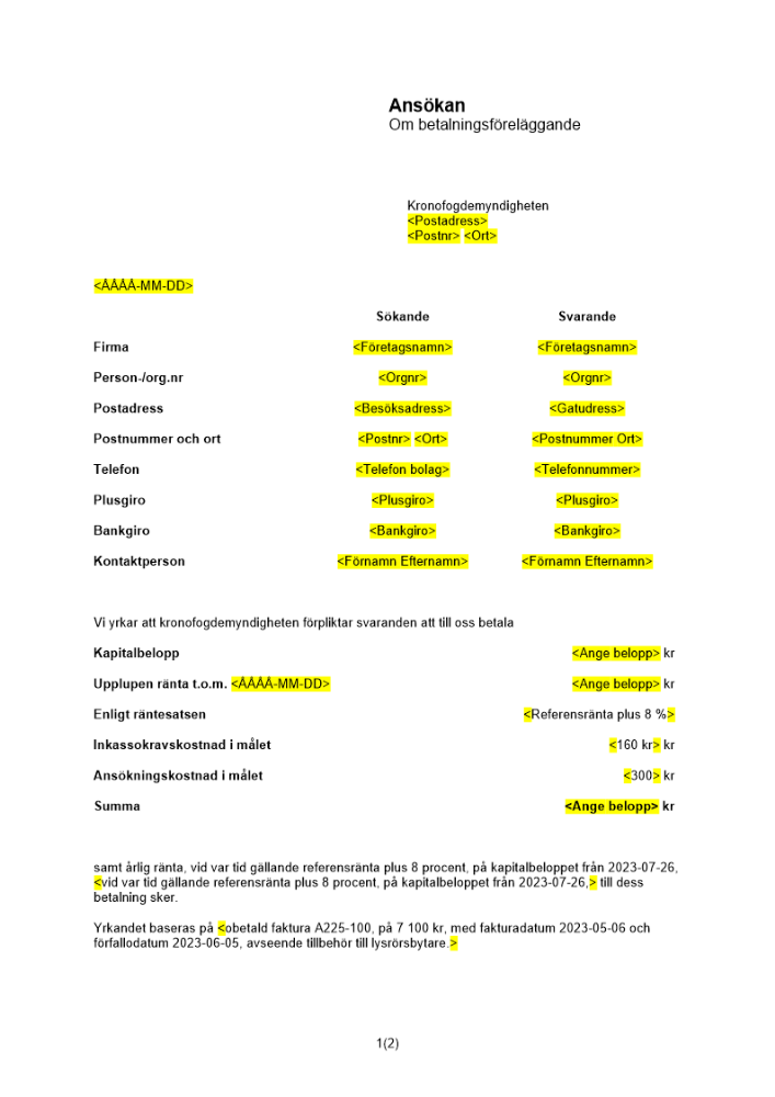 Ansökan om betalningsföreläggande