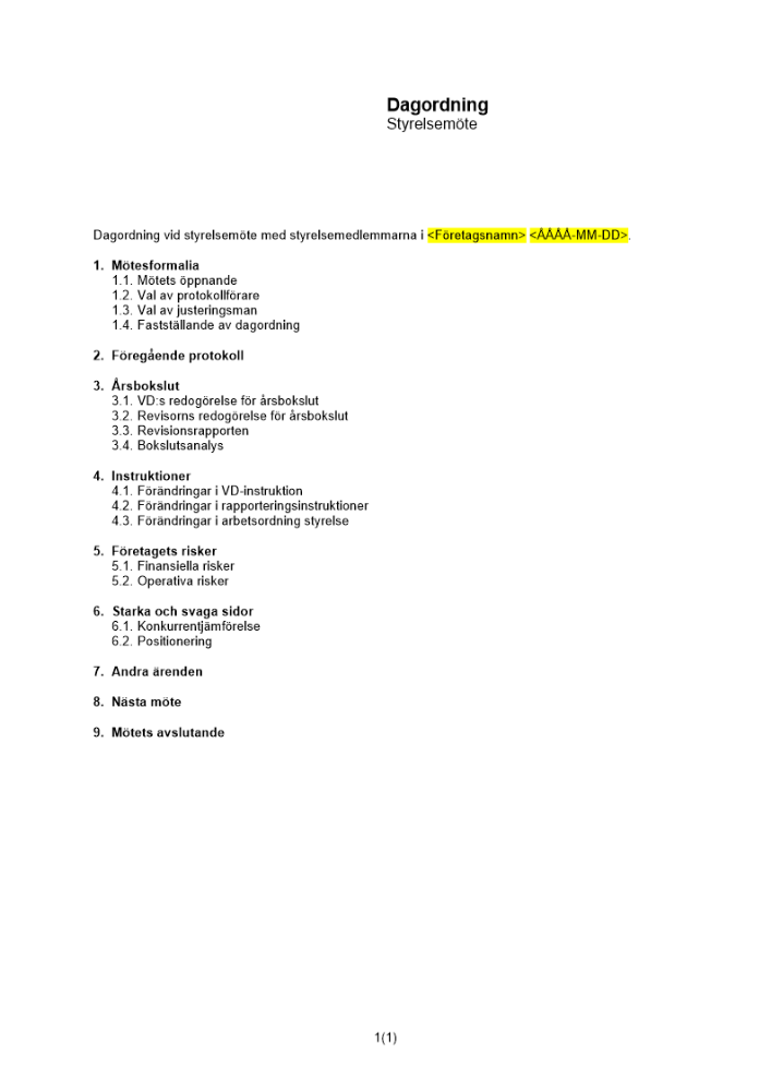 Dagordning styrelsemöte årsbokslut