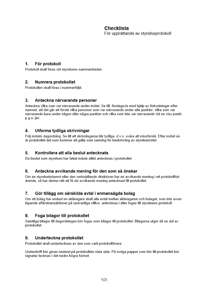 Checklista upprättande av styrelseprotokoll
