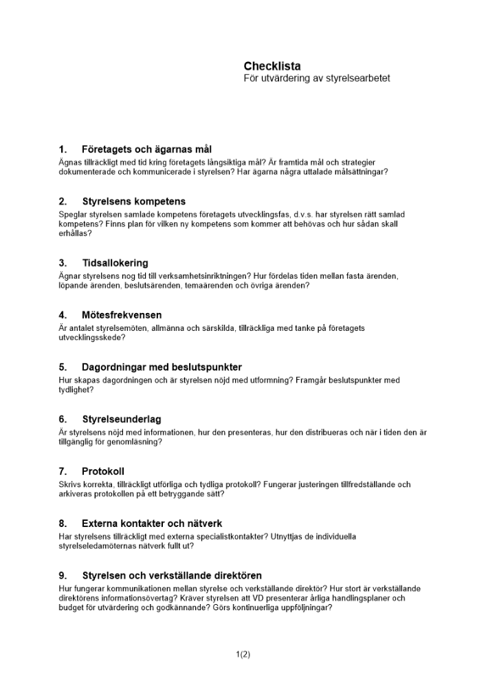 Checklista utvärdering styrelsearbetet