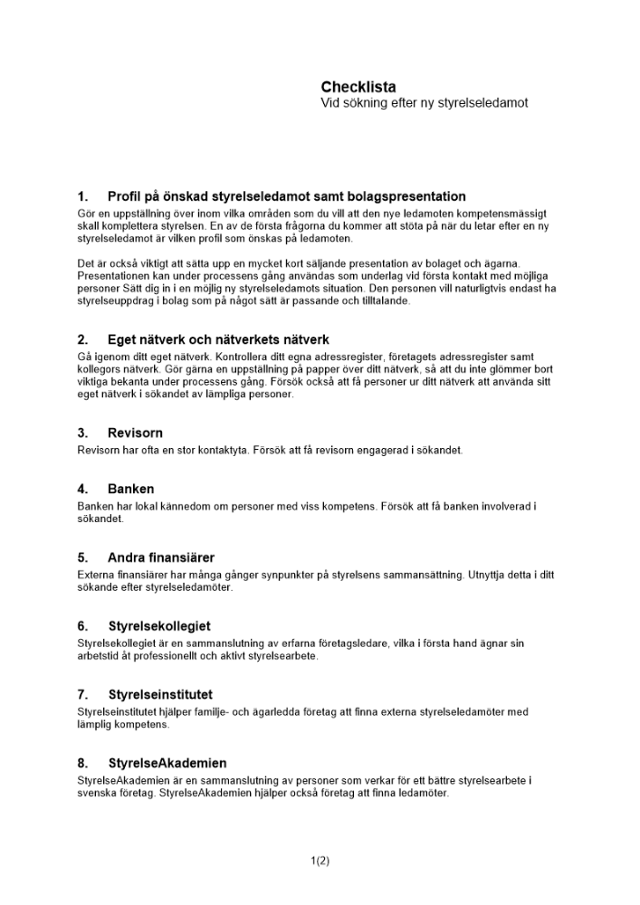 Checklista sökning ny styrelseledamot