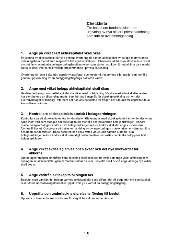 Checklista beslut fondemission privat AB
