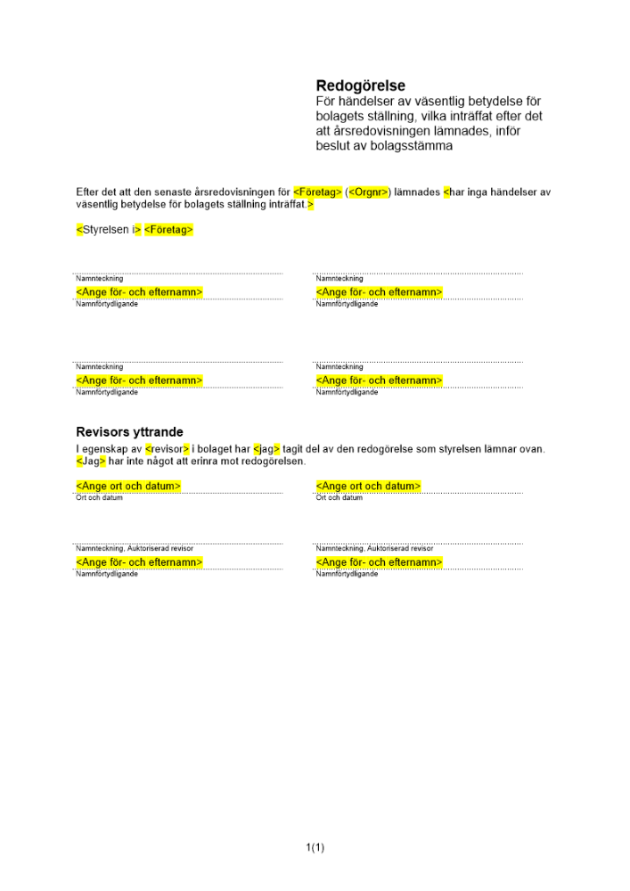 Redogörelse händelser väsentlig betydelse