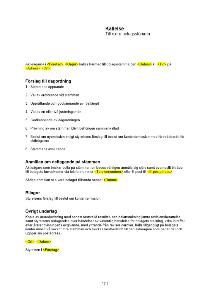 Kallelse extra bolagsstämma kontantemission
