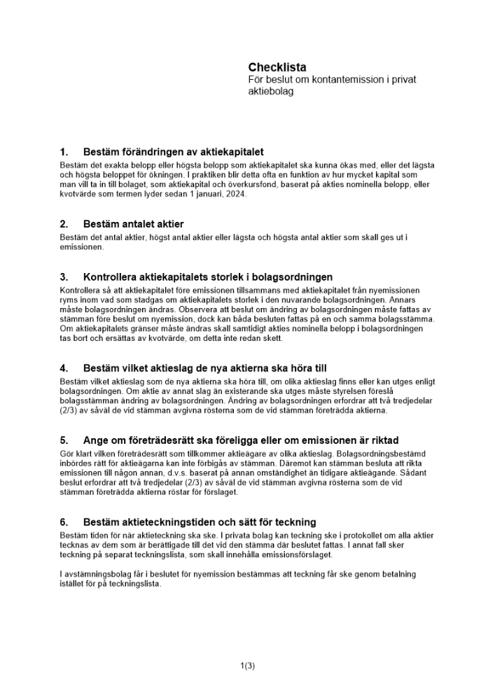 Checklista beslut kontantemission - Privat AB
