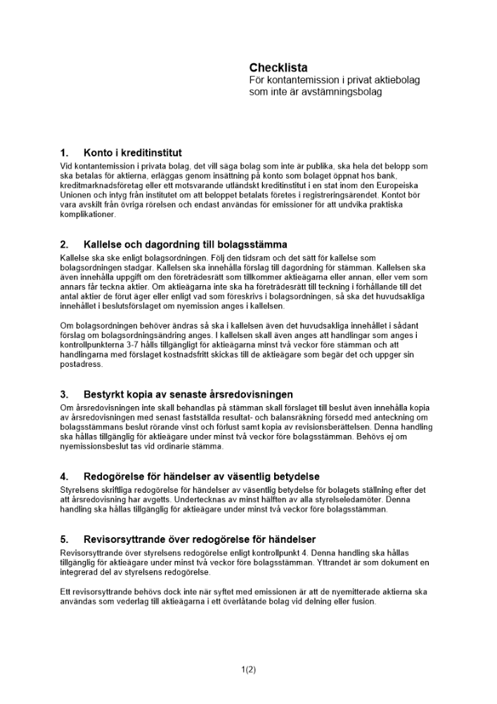 Checklista kontantemission privat AB
