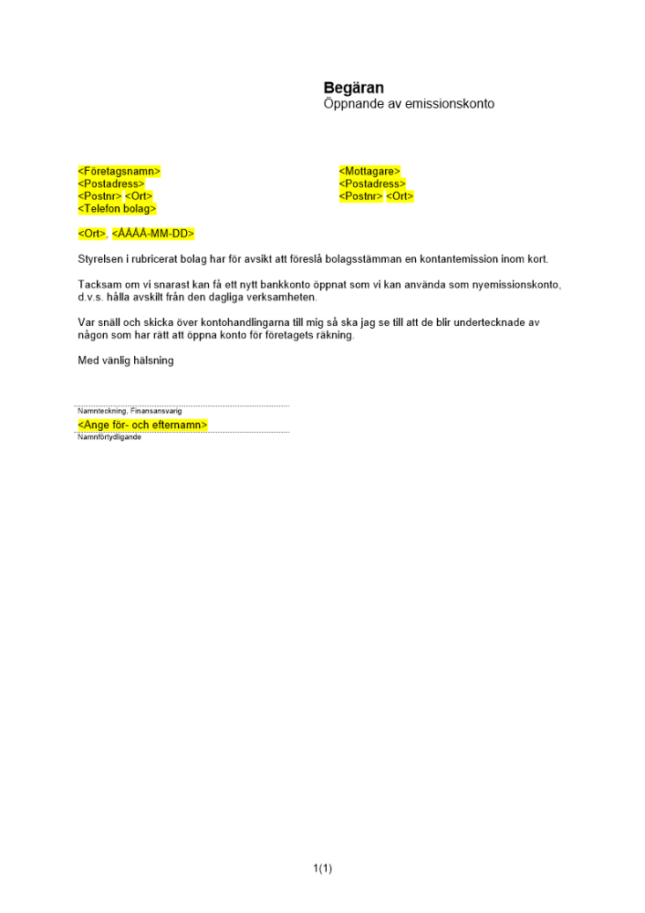Begäran öppnande emissionskonto - Privat AB