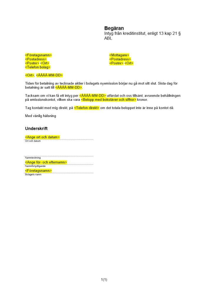 Begäran intyg kontantemission - Privat AB